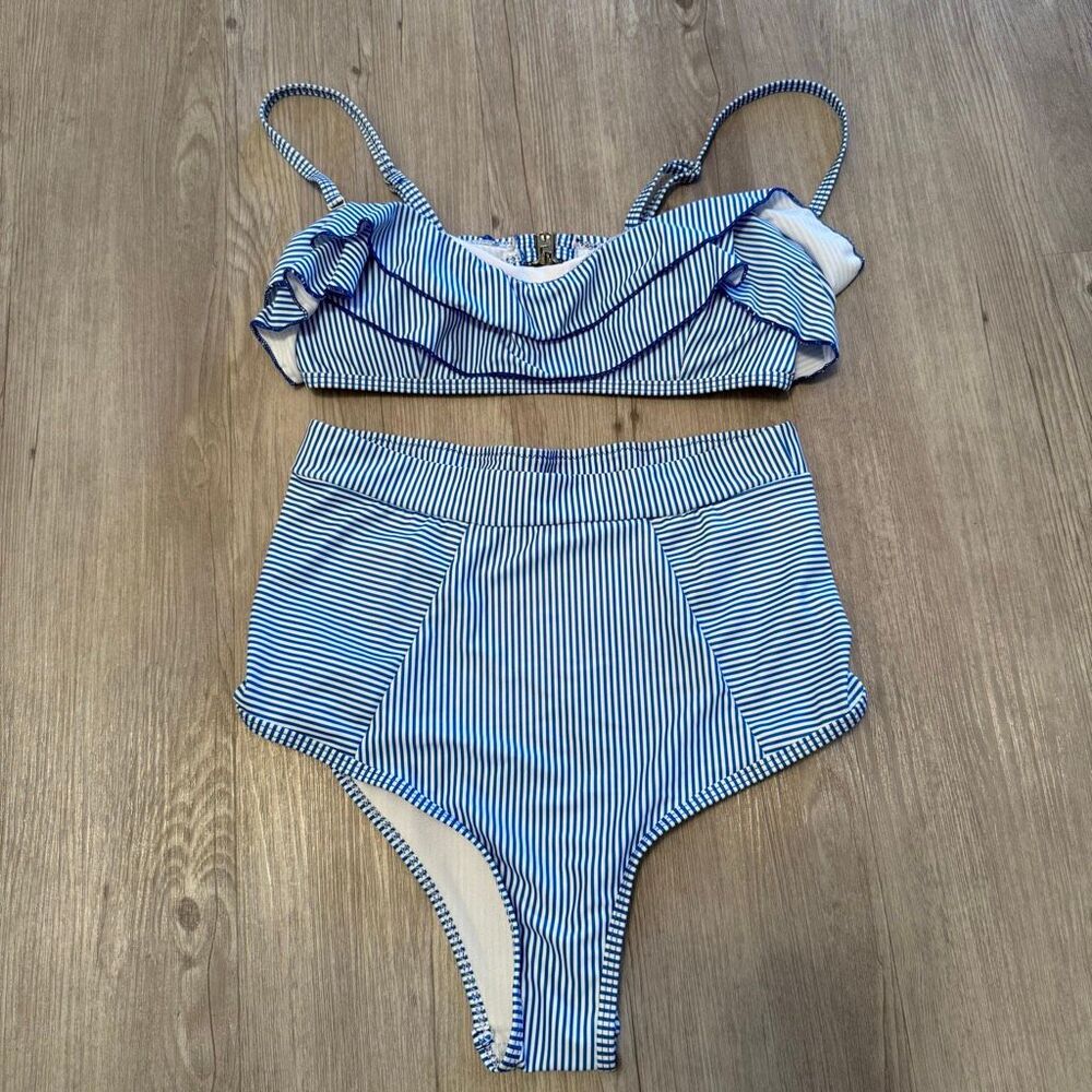 Cupshe striped blue white high waisted ruffle top bikini size M